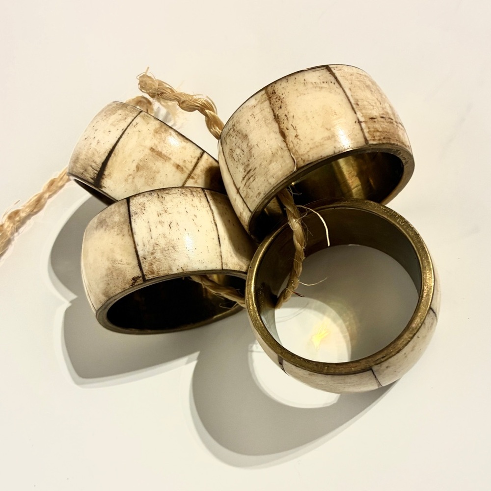 Vintage 1980’s Bone and Brass Napkin Ring Holder (4 Pc)
